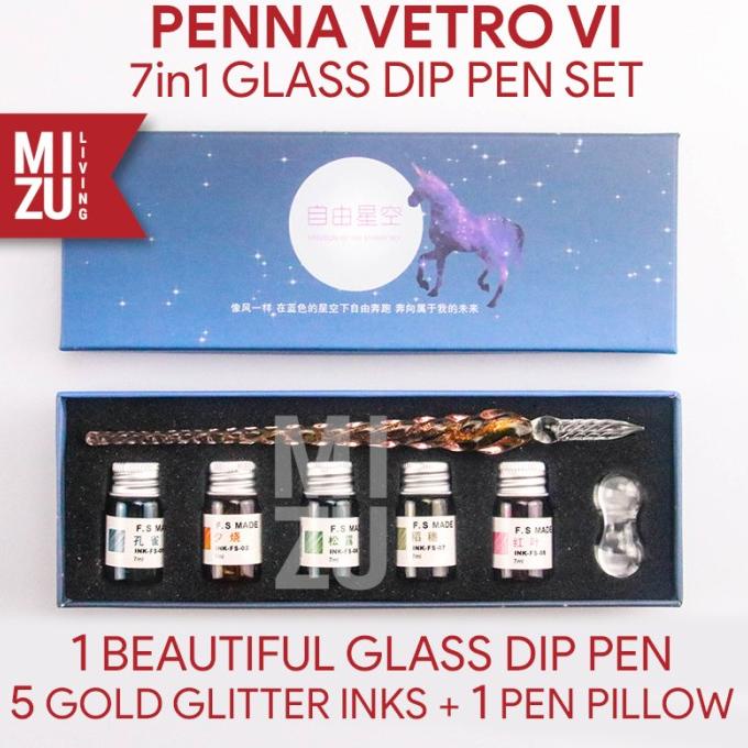 

Terlaris MIZU PENNA VETRO VI GLASS Dip Pen Kaca Calligraphy Set 5 Gold INK SALE