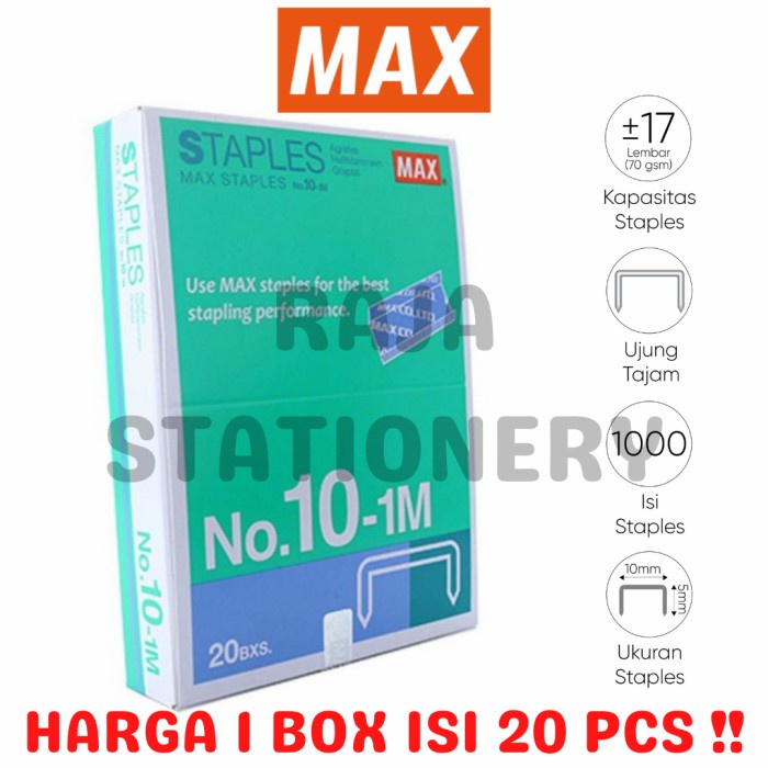 

MAX STAPLES NO.10 STEPLES STEPLER HEKTER MAX KECIL NO.10-1M [20PCS]