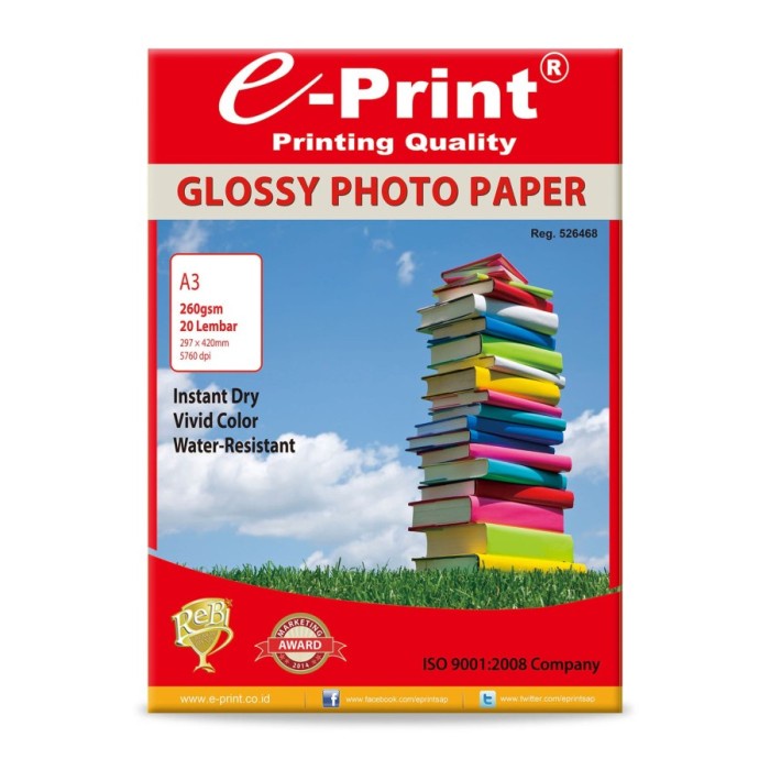 

Terlaris Kertas Foto E-Print Glossy A3 260 Gsm/20 Sh Photo Paper A3 Glossy