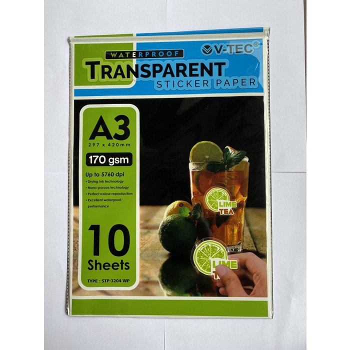 

Terlaris Kertas Foto V-Tec Sticker Transparent Paper A3 170 Gsm Stp-3204Wp
