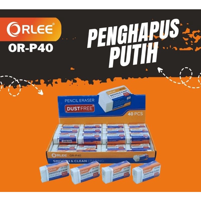 

Eraser / Stip / Penghapus merk Orlee warna Putih OR-P40 Termurah dan Bersih (1 PAK isi 40 PCS)