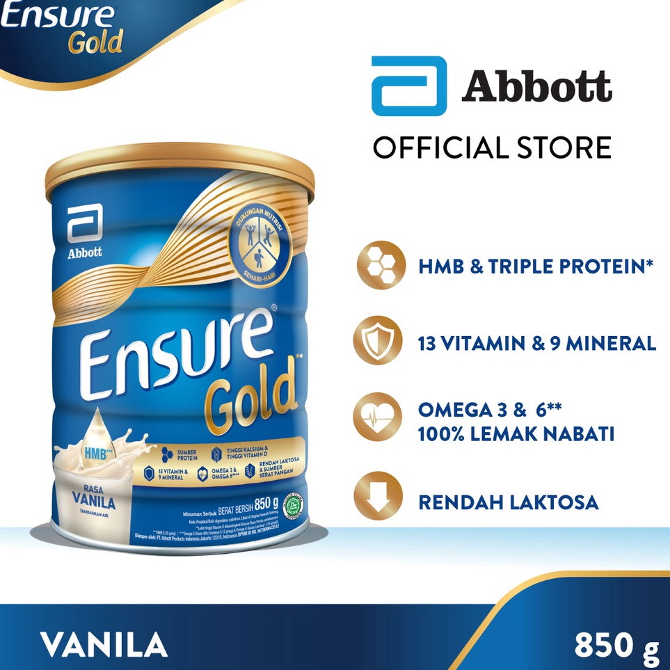 

[Terkece Se-RI] Ensure Gold HMB Vanila 850 g - Susu Nutrisi Dewasa Rendah Laktosa