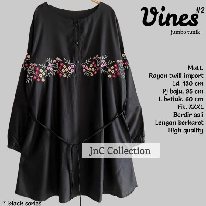TUNIK JUMBO WANITA BORDIR BUNGA RAYON TWILL LD 130 BLACK SERIES- VINES