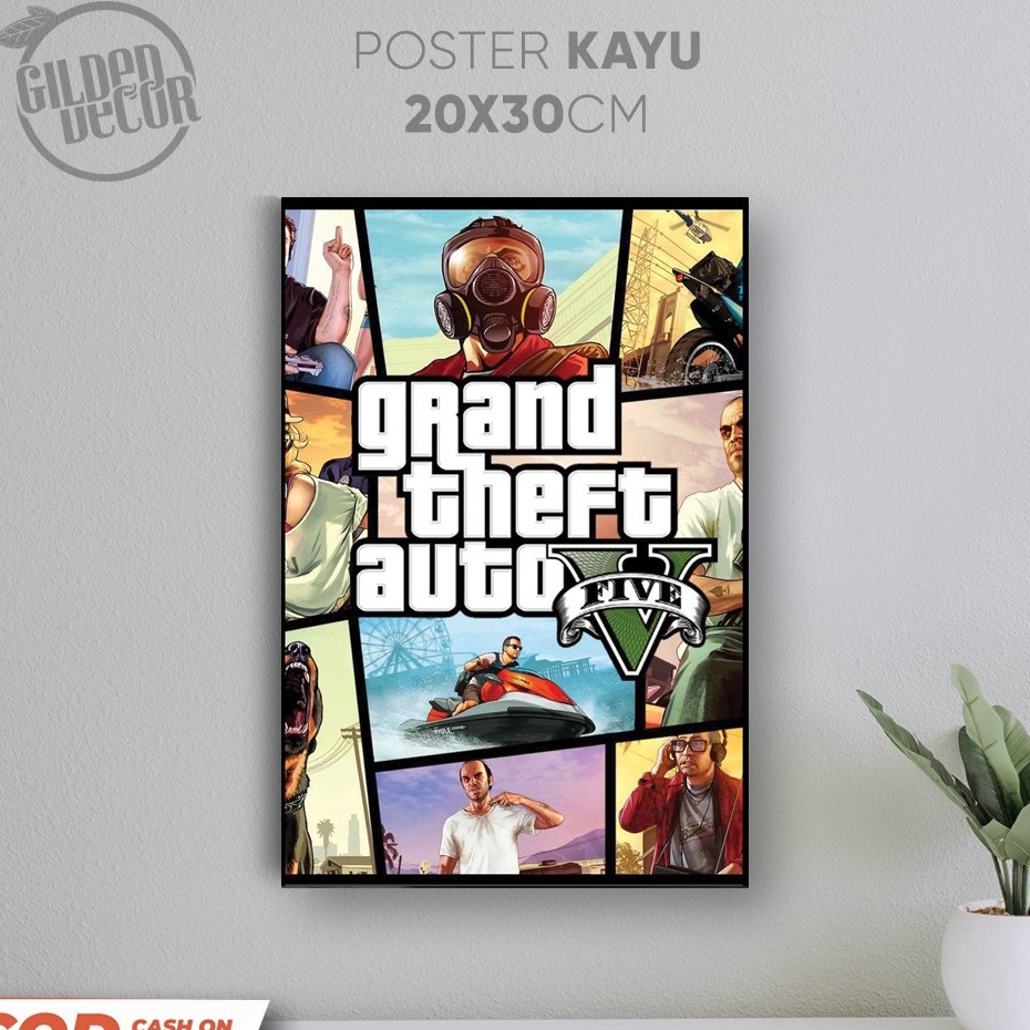 ❂Terlaku.✵➙ E7IEN Hiasan dinding Poster Kayu Gaming Gamers 20x30cm GG005 GTA V Grand Theft Auto ps3 