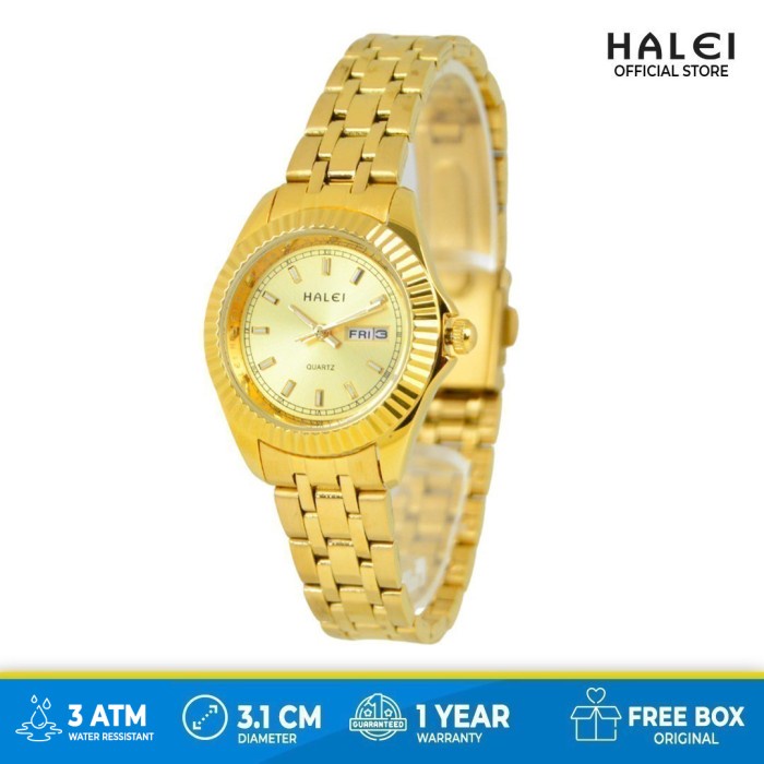 HOT SALE JAM TANGAN WANITA TERBARU HALEI 583L FULL GOLD TANGGAL HARI AKTIF TERBARU