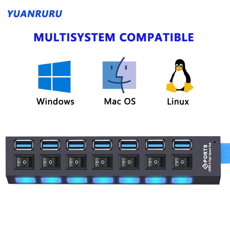 YUANRURU USB Hub 7 Port USB 3.0 High Speed Extender - Y445 - Black