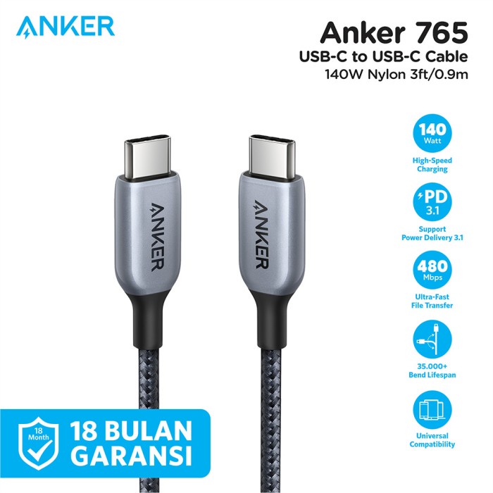 TOP PRODUCT" Kabel Charger Anker 765 USB-C to USB-C 140W 3ft - A8865