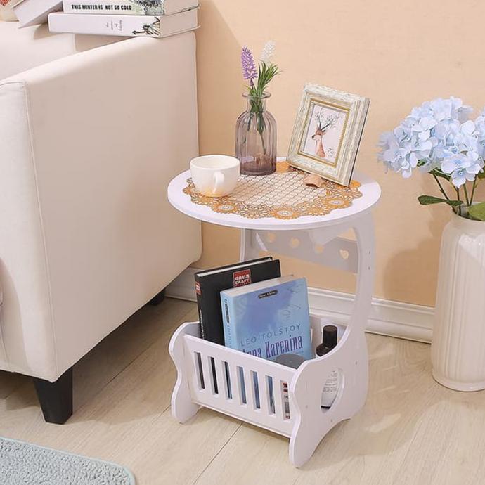 meja dekorasi putih / meja bulat kecil minimalis