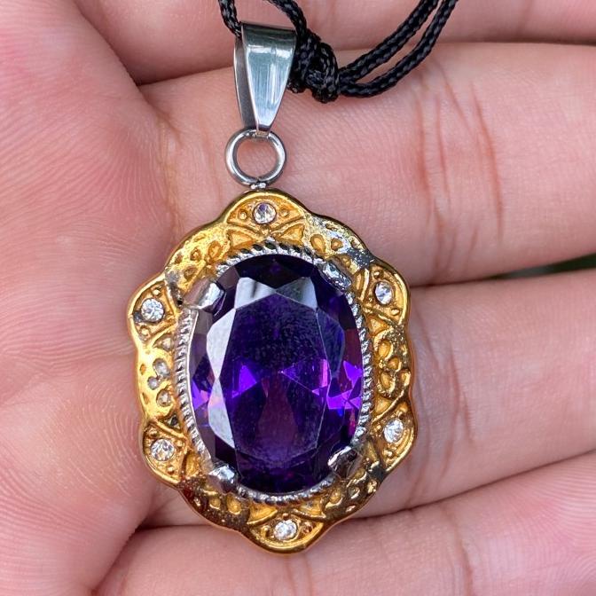 +++++] Kalung Liontin Batu Akik Permata Kecubung Ungu Amethys Cutting + Tali