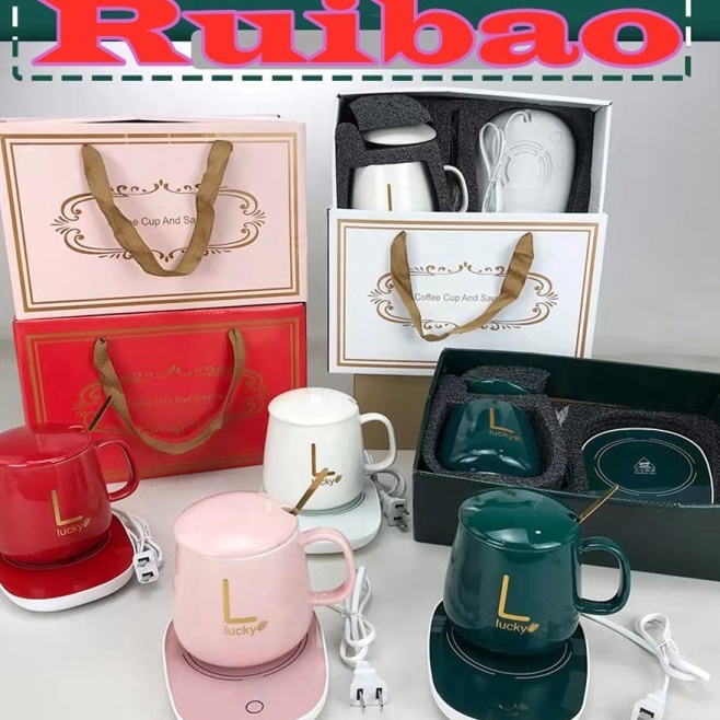 Tertarik Ruibao Mug Cangkir Elektrik Set Keramik Pemanas 55 Derajat Penghangat Kopi