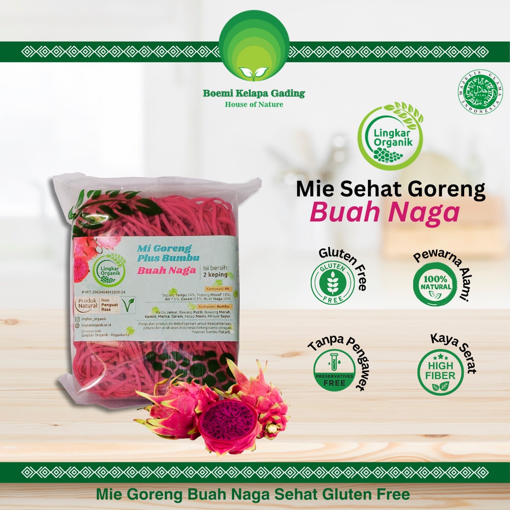 

Mie Sehat Goreng Varian Buah Naga 85 gram isi 2 Non MSG Gluten Free Lingkar Organik