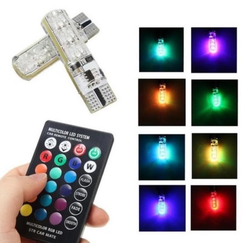 Onderdil Lampu Sein Sen Led Motor Mobil T10 Rgb 6 Titik Mata Jelly 5050 Smd 16 Warna + Remote Gel Se