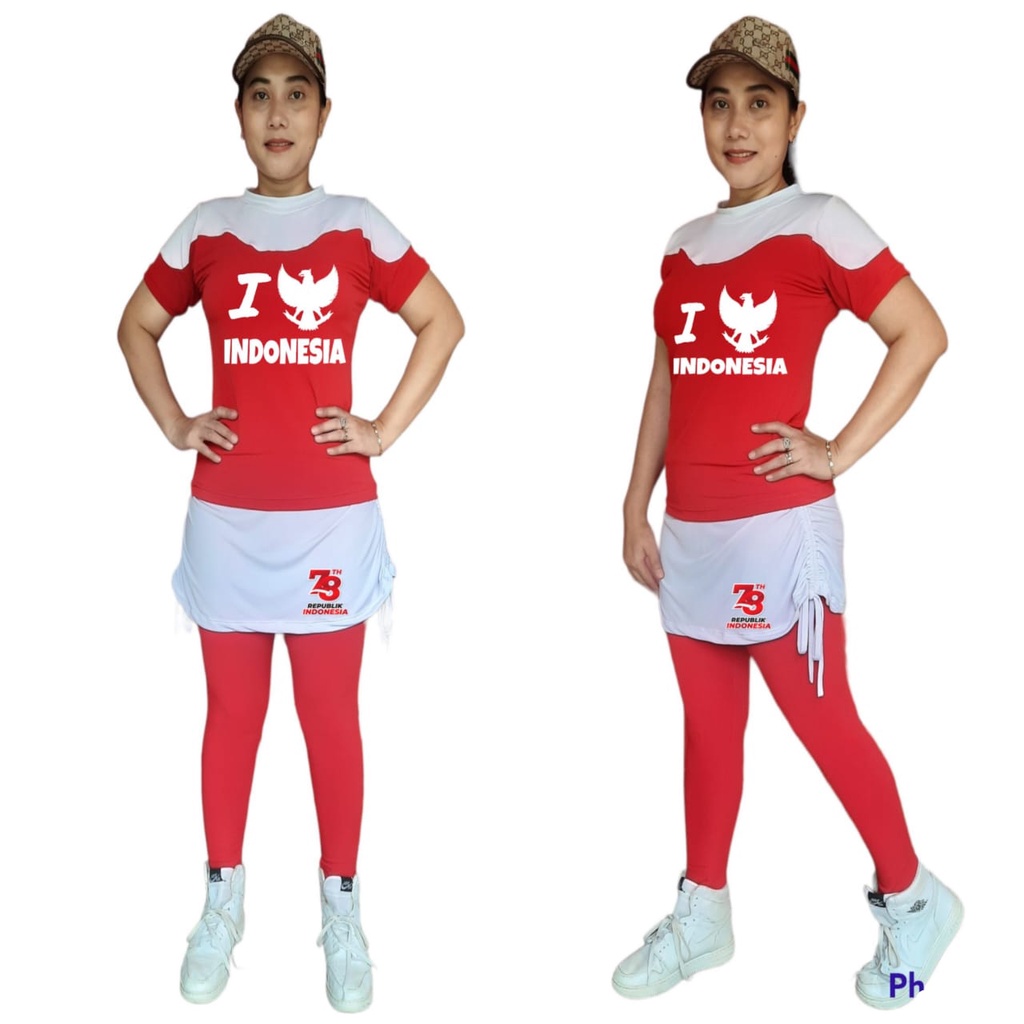 setelan senam merah putih,setelan senam wanita,setelan senam merah putih lengan pendek