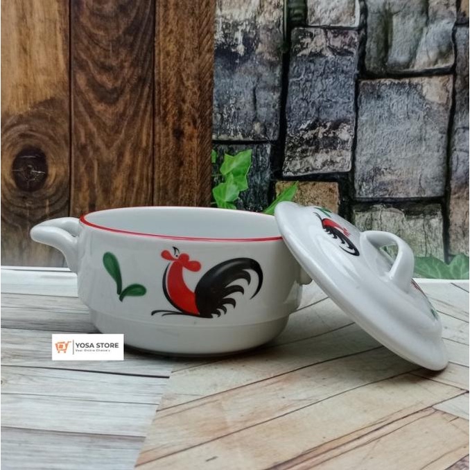 Mangkok Sup/ Sayur Keramik Plus Tutup Motif Ayam Jago Kedaung Home