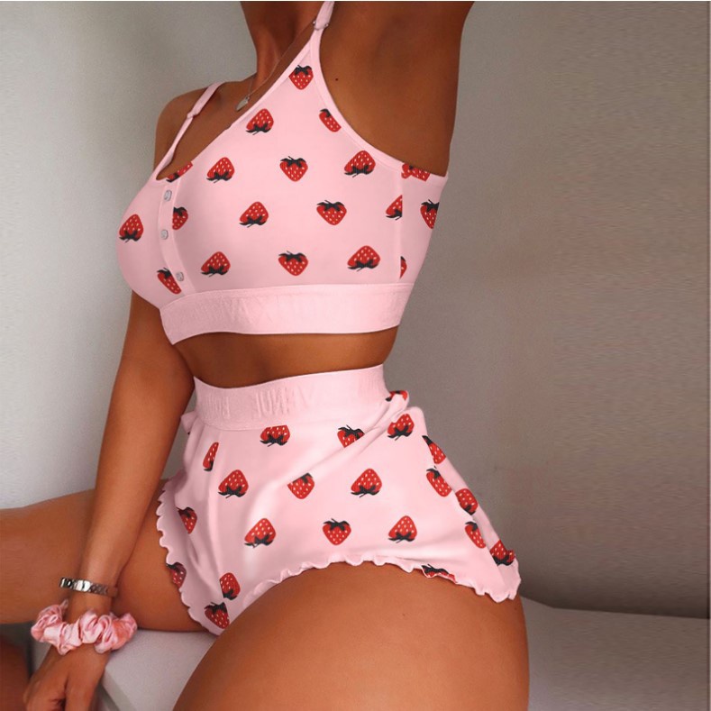 Underwear Set Women Sexy Soft Tank Crop Top Bra Set  Cute Strawberry Print Bra Set Lace Seamless Bra
