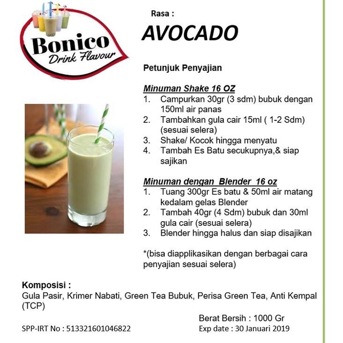 

BONICO AVOCADO drink powder 500gr Bubuk minuman milk shake Alpokad