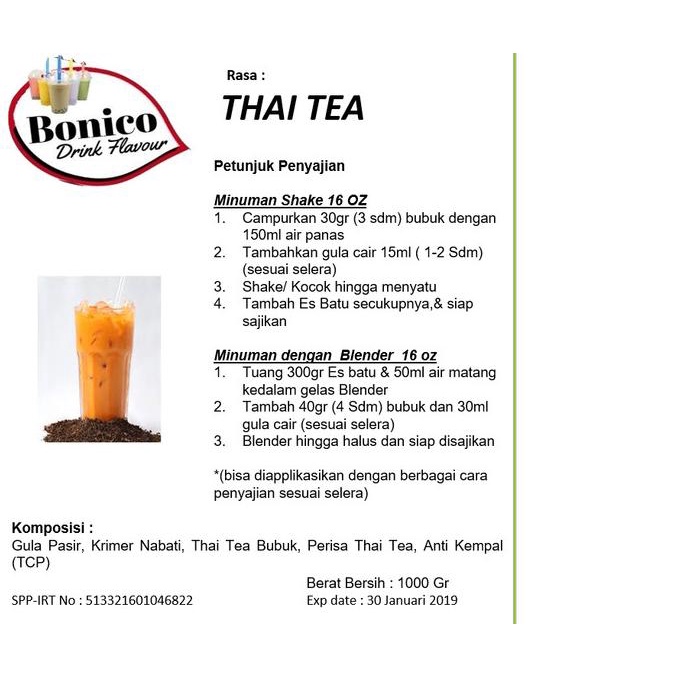 

BONICO Thai Tea drink powder 500gr Bubuk minuman Thaitea milk shake