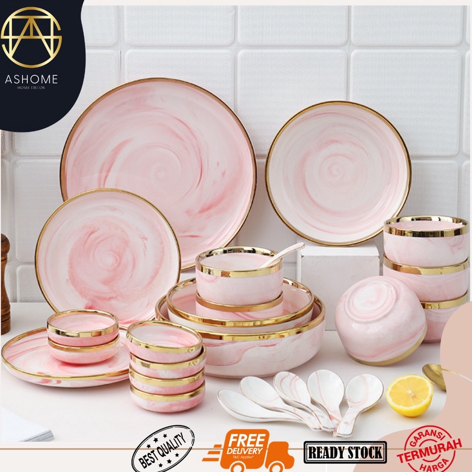 ・ ASHOME Piring Keramik Pink Marble List Gold Elegan / Piring Keramik Motif Marmer Pink List Emas El