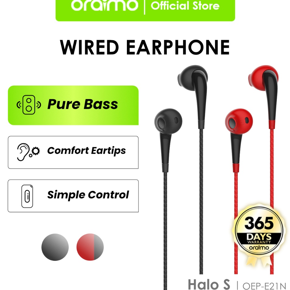 ↕Laris➮ JKZJO Oraimo Wired Headset In-Ear Earphone Universal 3.5mm Jack Black Red Panjang 1.2 Meter 