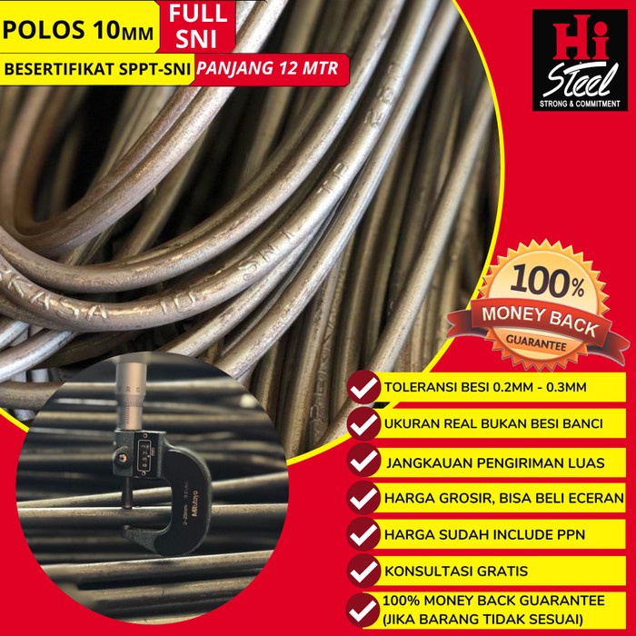 Besi Beton Polos Full SNI 10mm - Merk Lautan Steel/Perwira/KSTY/AS/IWS