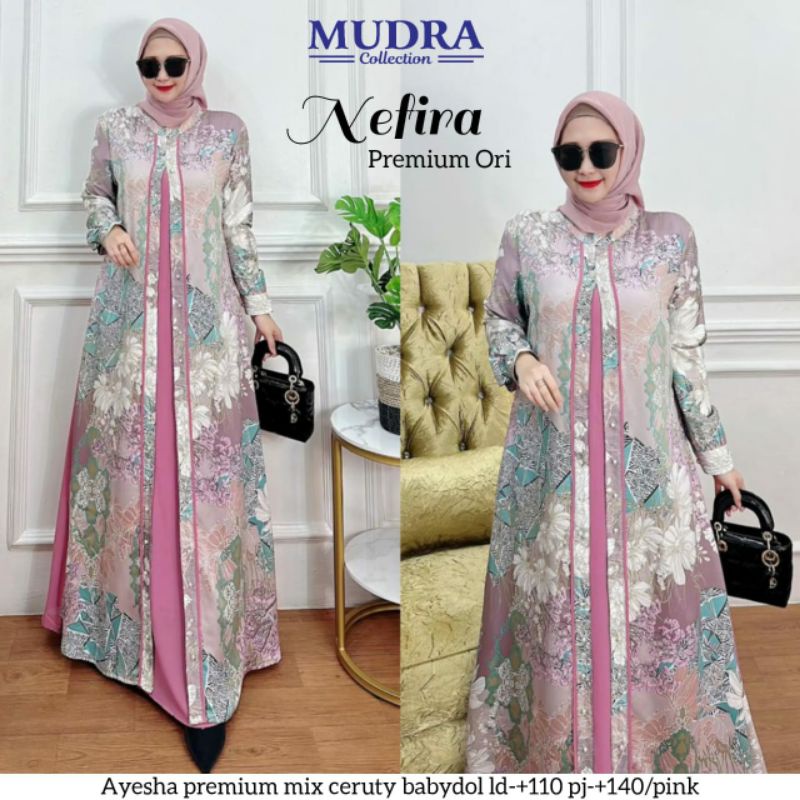 new**NEFIRIA gamis maxy premium dress**bahan ayesha premium mix ceruty babydoll*by Mudra collection