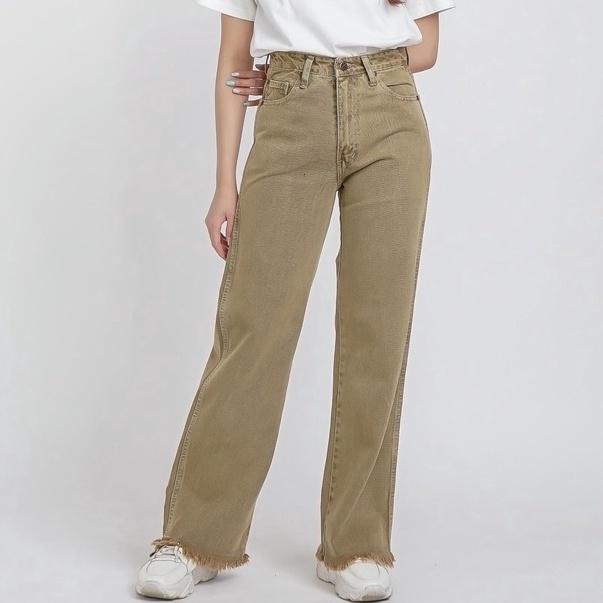 NEW STOCK. Esrocte Celana Loose Baggy Unfinished High Waist Jeans Wanita U07- Cream 26-38