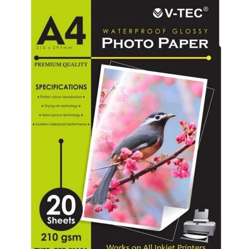 

VTEC Photo Paper Glossy A4 210 gsm V-Tec Kertas Foto Waterproof Vtec 8095