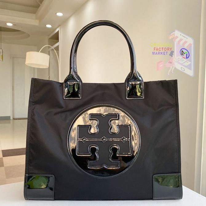 (100% ORIGINAL) Tas TORY BURCH Nylon Tote Bag Ella Black Glossy