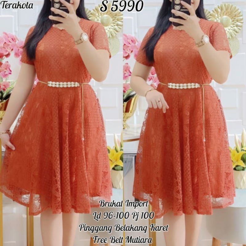 5847 #Dress Brukat Import Polos Jumbo Sage+Belt/5990 #Dress Brukat Polos Import + Belt Terakota/5899