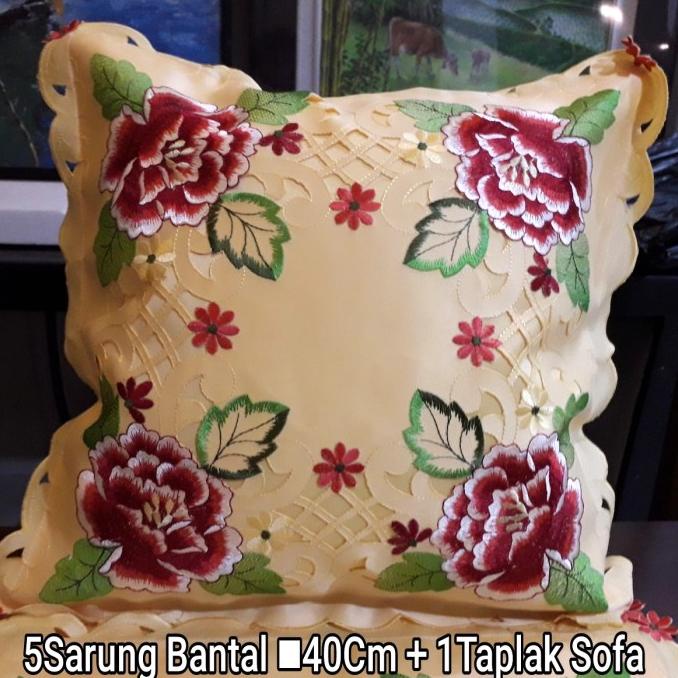 Sarung Bantal Kursi Import,Kuning Bordir Bunga Mawar + 1Taplak Tamu .