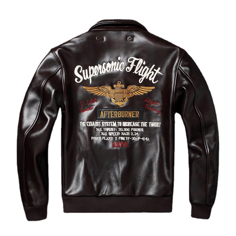 ❤Flight Jackets Air Force A2 Oil Waxed Cowhide Embroidery Genuine Leather Jacket Men Aviator Bomber 