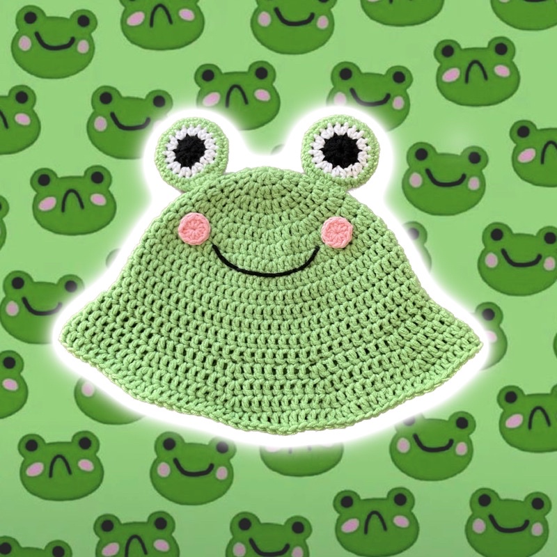 READY STOCK Frog Bucket Hat Crochet // Topi Rajut Kodok Lucu