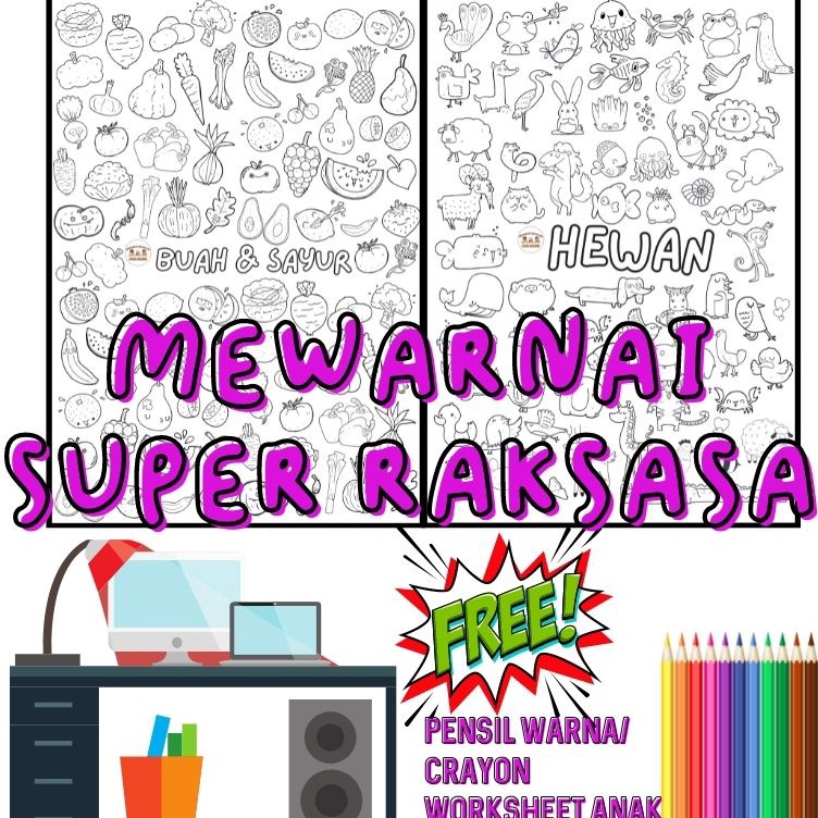 ✢ZFT KERTAS MEWARNAI ANAK JUMBO yukitadraw murah Poster Mewarnai Raksasa Ukuran Besar GIANT COLORING
