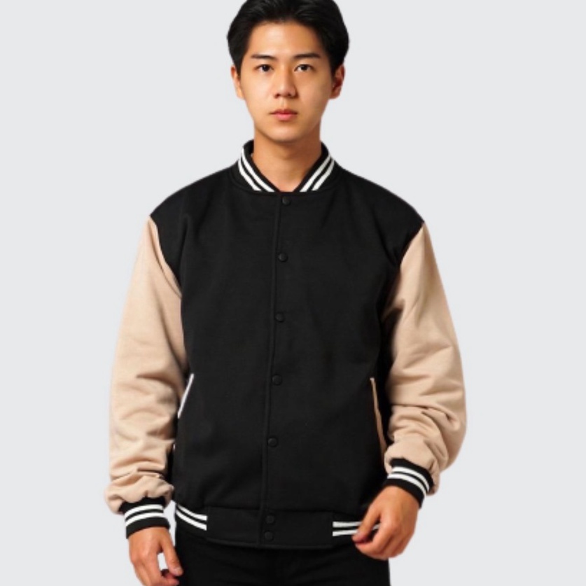 Harga Promo Jacket Pria Bomber Varsity Basic List Cream / Jacket Bomber Varsity / Jaket Pria Origina