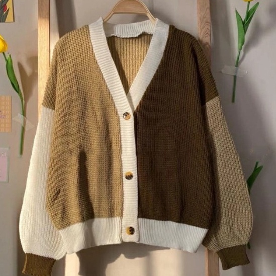 Laris Vallina Cardigan Two Tone Eireen Cardy Kardigan Rajut Twist Tebal Knit Cardie Wanita Cardi Kni