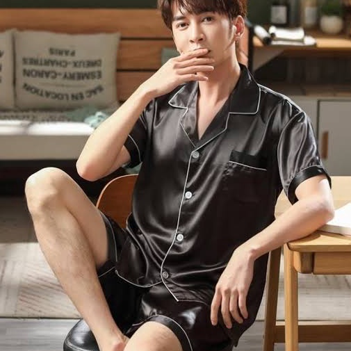 ➫➻❀✺ baju tidur satin pria celana pendek set piyama cowok lengan setelan LD 110 120 Jumbo lakiLaki d