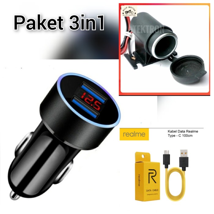 FREE ONGKIR PAKET SOCKET LIGHTER COLOKAN CHARGER + KABEL USB + CHARGER HP MOTOR FREE ONGKIR