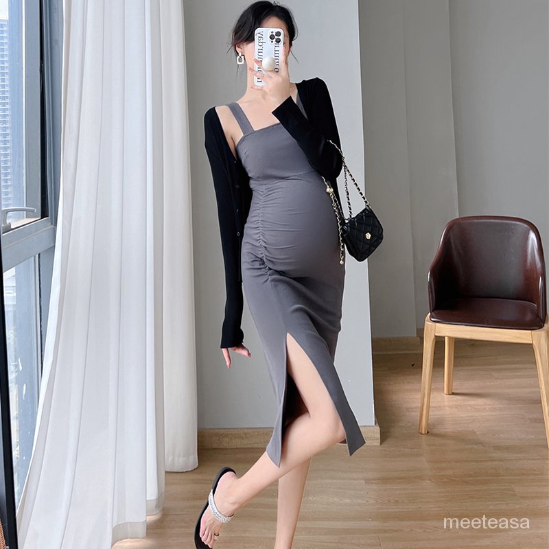 2023 Summer Maternity Clothes Korean Style Side Split Square Collar Pregnancy Strap Dress Stretched Pregnant Woman Cotton Dress 2IWB