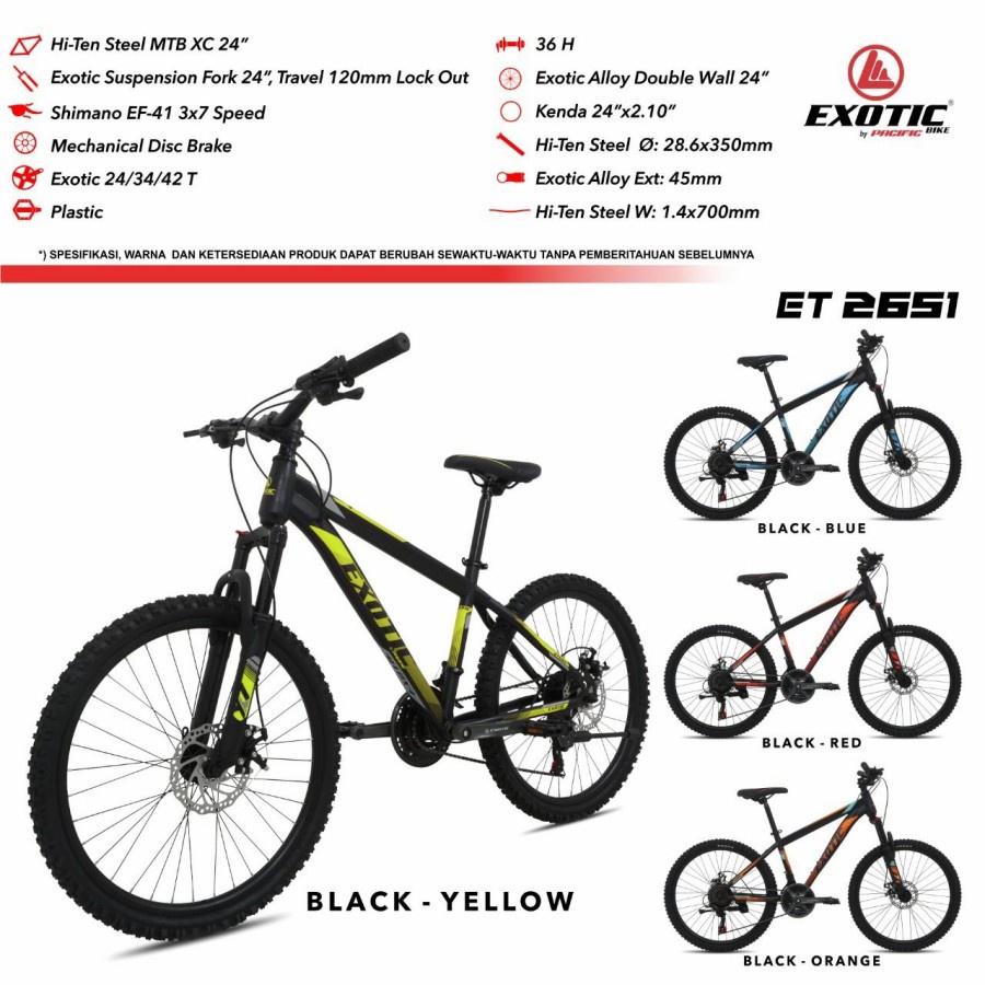 sepeda gunung 24" EXOTIC ET 2651 SHIMANO 3X7 SPEED Ori Garansi 5 tahun