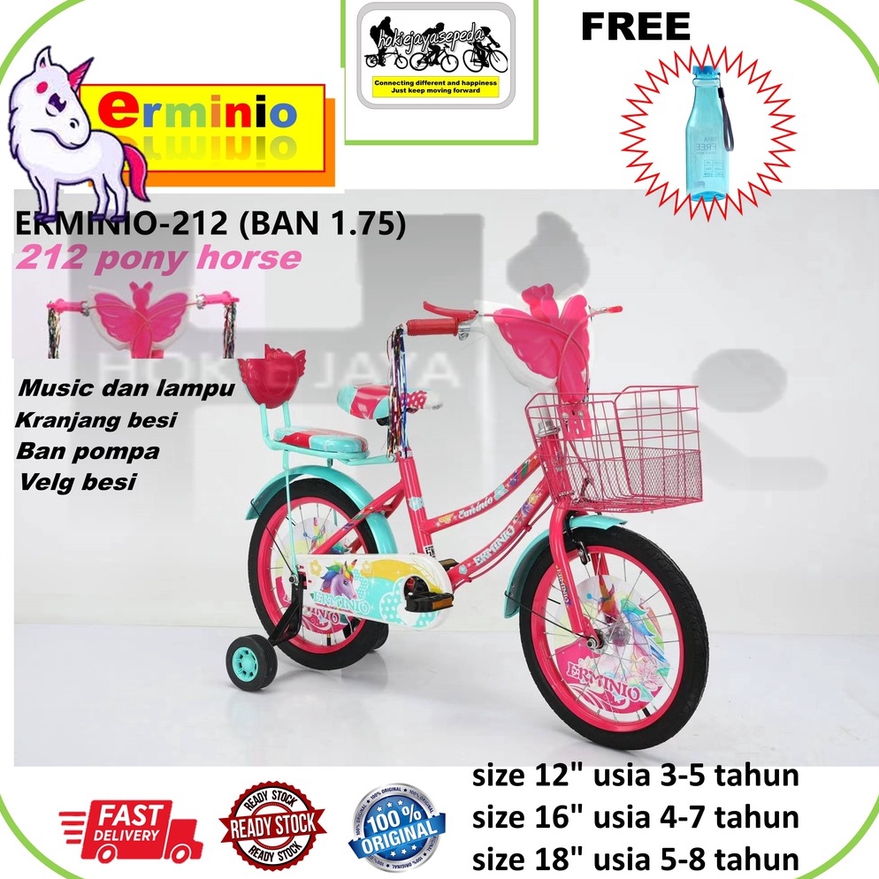 Stok Terbatas.. SEPEDA Anak MINI ERMINIO 12" dan 18" 212 UNICORN MUSIC DAN LAMPU Bonus botol air