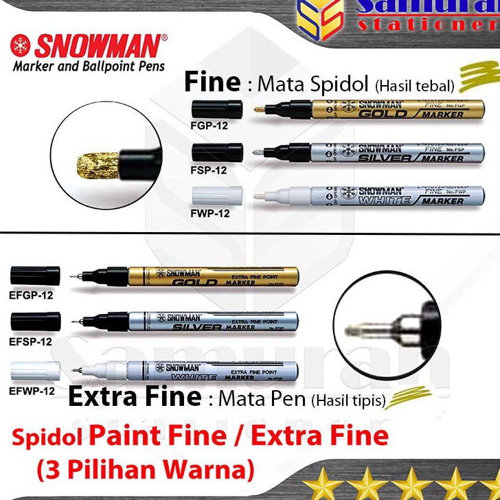 

Grosir Spidol Paint Marker Snowman Permanent Fine (F) / Extra Fine (EF) Warna Emas - Perak - Putih - Hitam / Gold - Silver - White - Black Baru