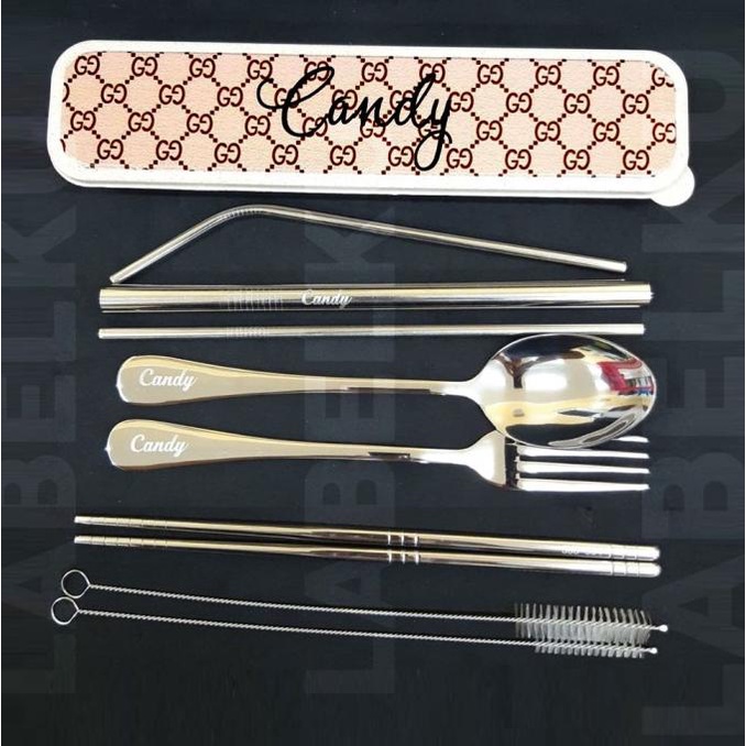 Custom Nama Grafir Sendok Garpu Sedotan Sumpit Set