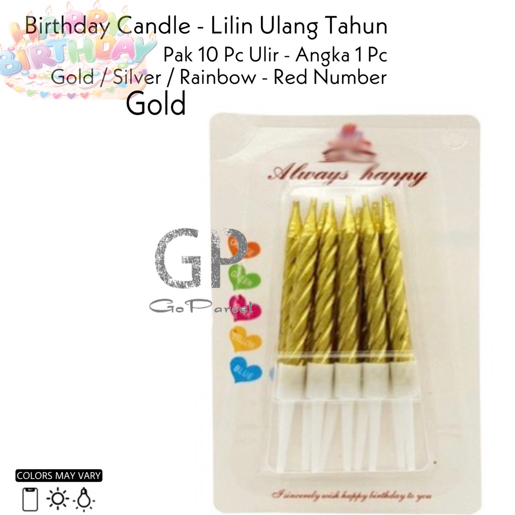 ( Pak / Ecer ) BIRTHDAY CANDLE - LILIN ULANG TAHUN 10 PC ULIR SILVER GOLD RAINBOW / ANGKA MERAH RED 0123456789