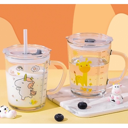 (GS) Gelas Anak Kaca Bening Dengan Gagang Dan Tutup AB56 / Gelas Anak Anti Bocor Murah / Gelas Mug Tumbler Motif Imut Free Sedotan