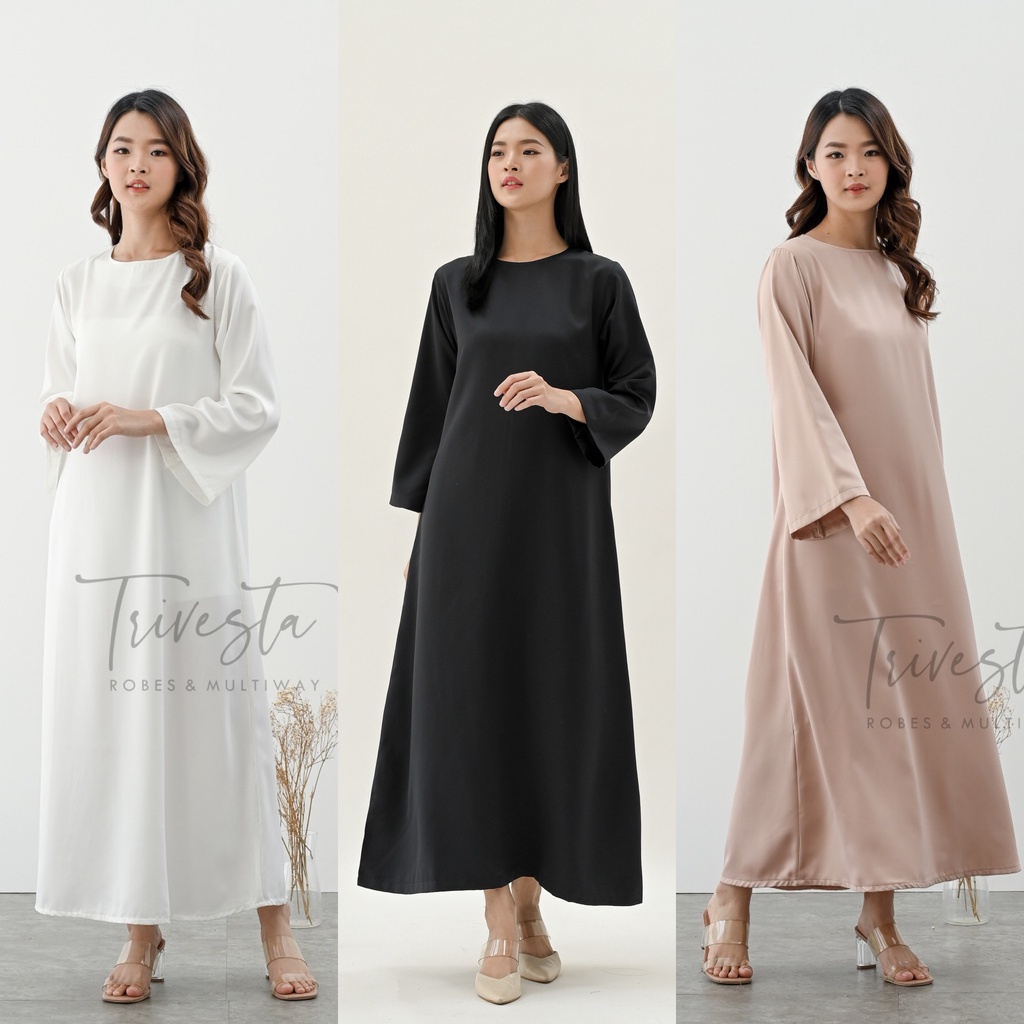 Dress Inner Krah Bulat Satin- White Nude Black-Bisa untuk Dalaman Hijab Manset Gamis Abaya Satin