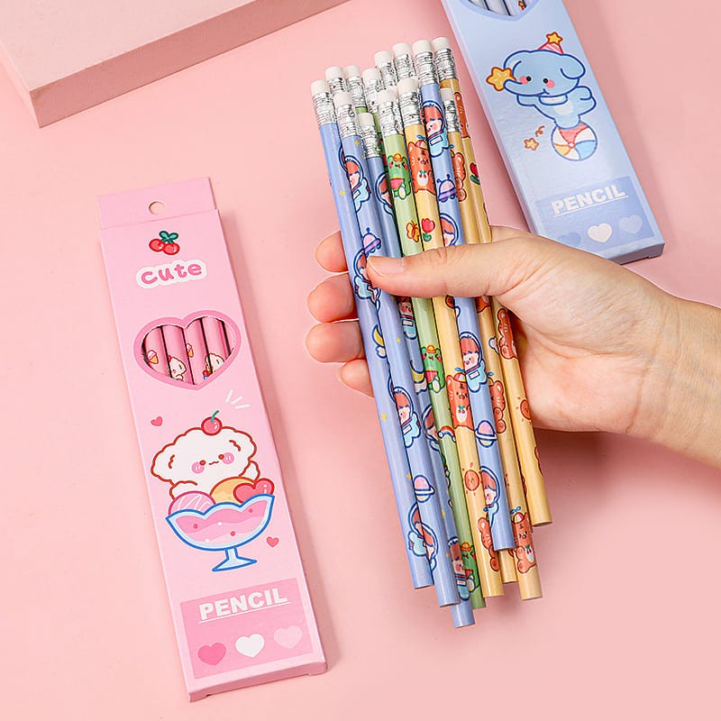 6PCS / SET PENSIL TULIS MOTIF + PENGHAPUS / PENSIL SET LUCU / ALAT TULIS PENSIL