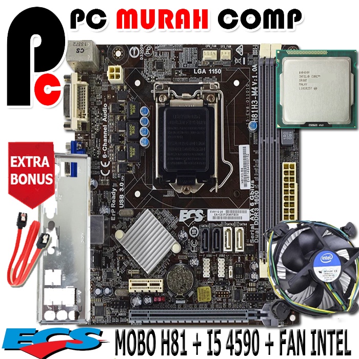 Motherboard Mainboard Mobo LGA 1150 H81 ECS  Paket dengan Processor i5 4590 Bonus FAN