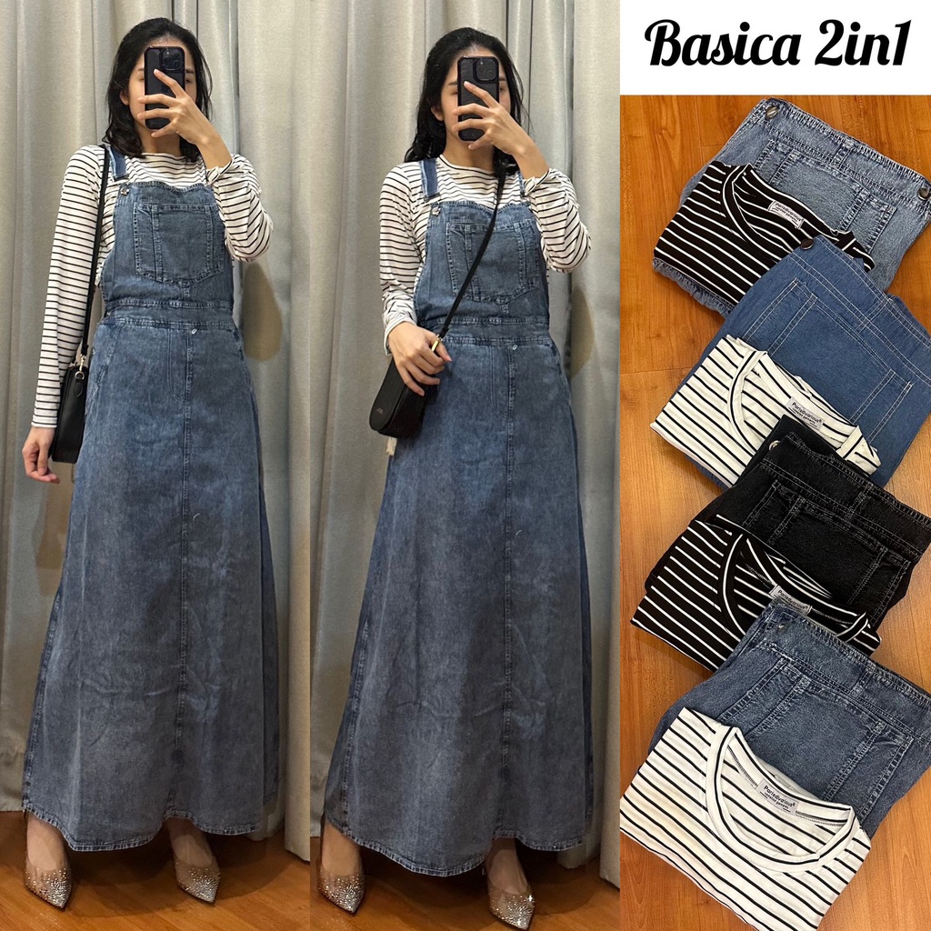BASICA SET 2IN1 - INER LENGAN PANJANG OUTER DRESS JEANS DENIM - MAXY DRESS SET