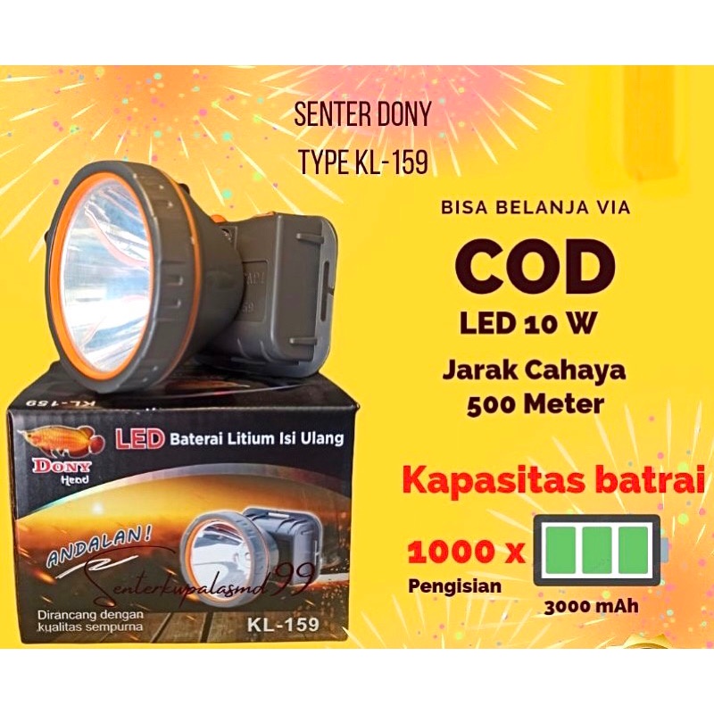 Senter Kepala Dony KL159 KL-159 Led 10W 10 Watt Headlamp Dony Cahaya Terang Putih Kuning