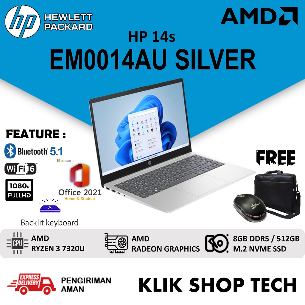 LAPTOP BARU HP 14S EM0014AU AMD RYZEN 3 7320U 8GB DDR5 512GB SSD 14 FHD WINDOWS 11 OFFICE OHS